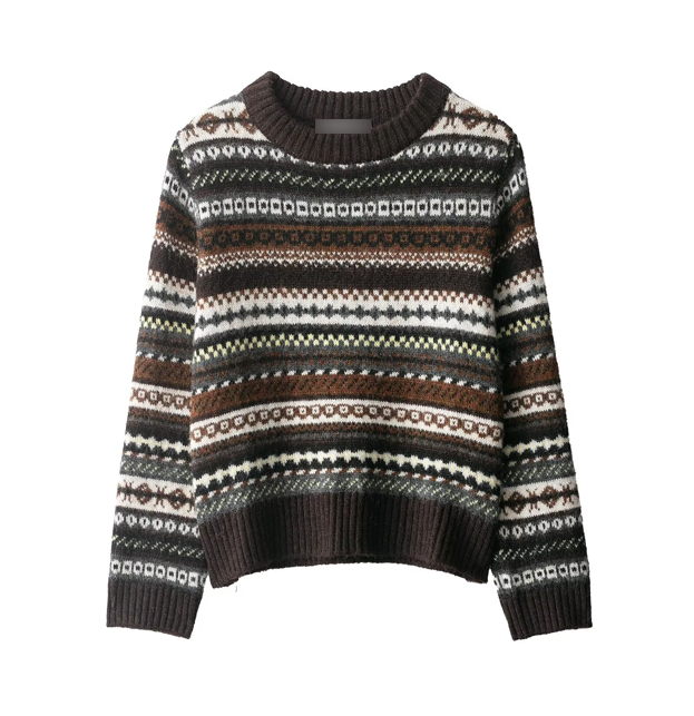 Langry cute design jacquard sweater with fair isle geometric patterns in brown, white, black