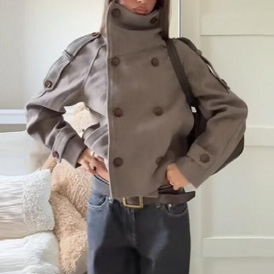 Elegant langry gray double-breasted woolen pea coat with black buttons