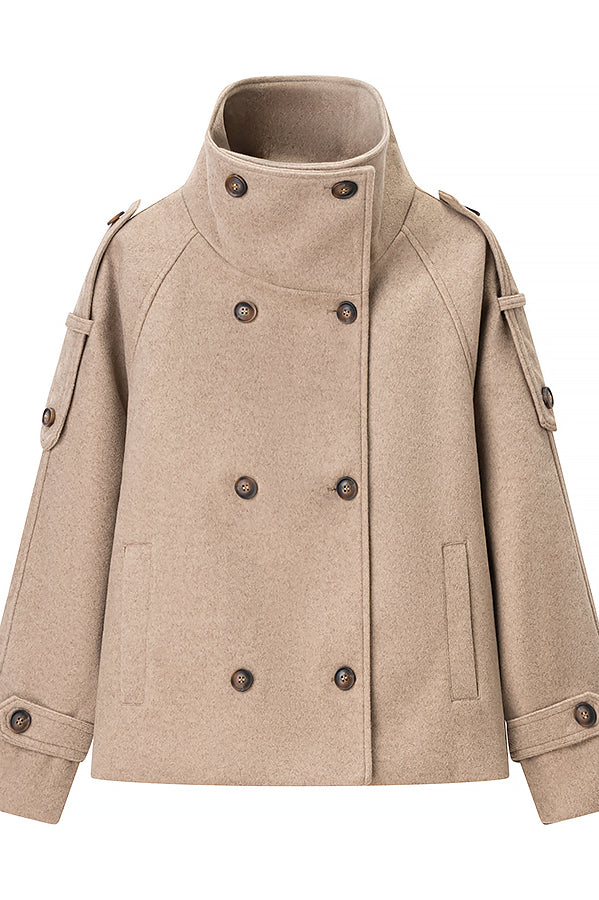 Elegant beige double-breasted langry fashion woolen coat with high collar