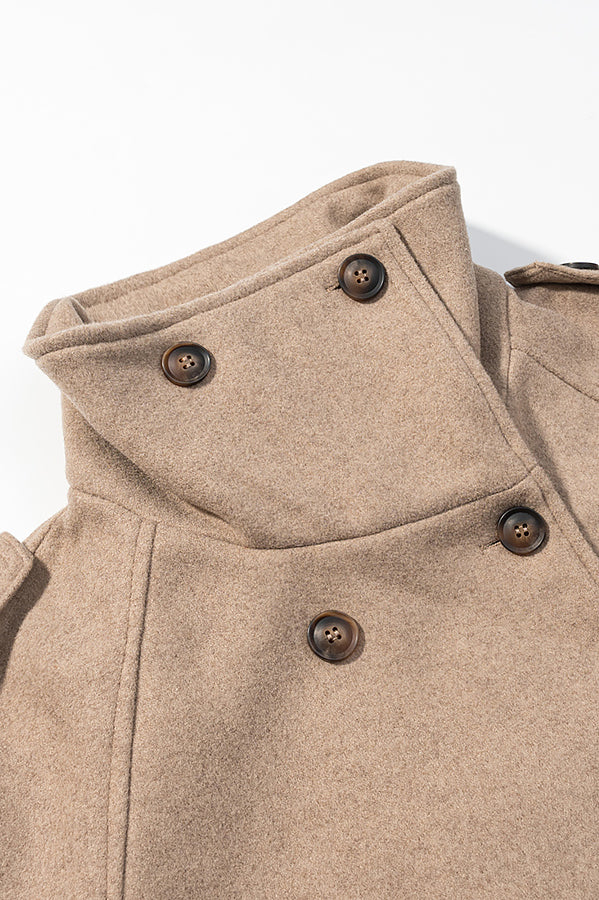 Elegant beige wool pea coat with double-breasted front and wooden buttons, Langry fashion ملابس