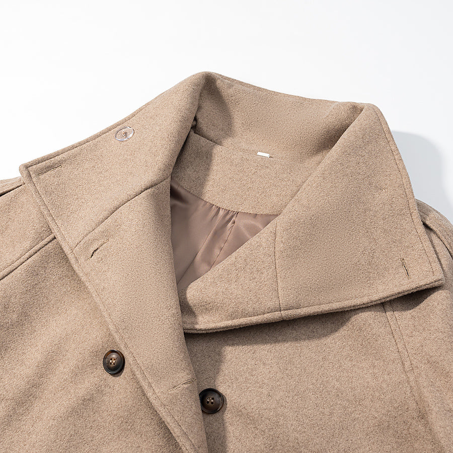 Elegant beige wool pea coat from Langry fashion, double-breasted with high collar