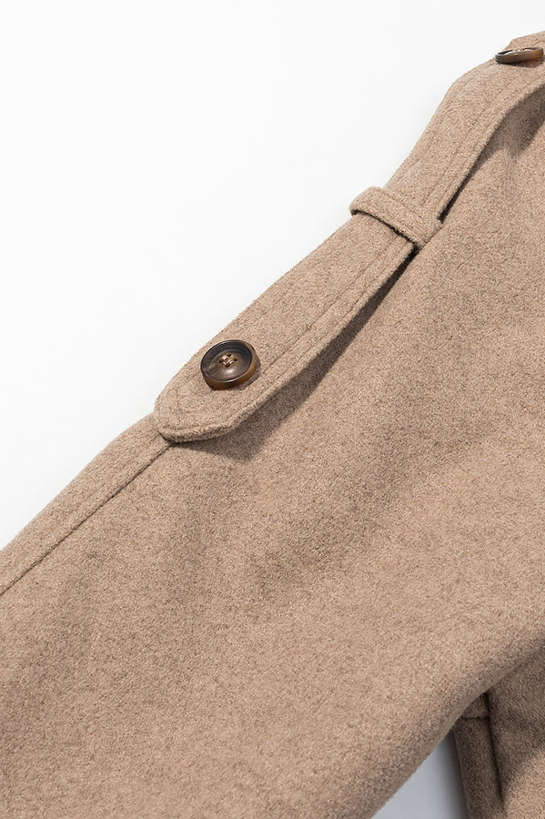 Elegant beige wool coat with wooden buttons, belt detail by Langry fashion