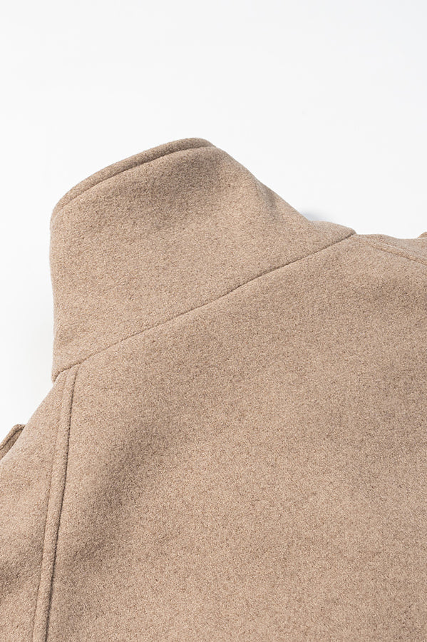 Elegant langry beige suede jacket with high collar, button closure, fashion coat