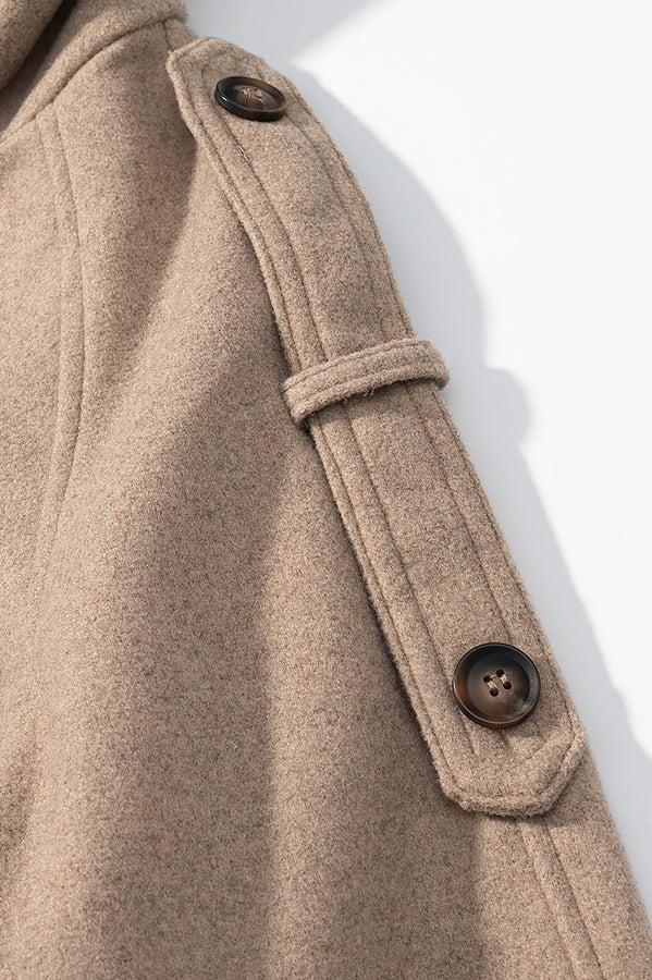 Elegant beige wool pea coat with wooden buttons and belt, Langry fashion apparel