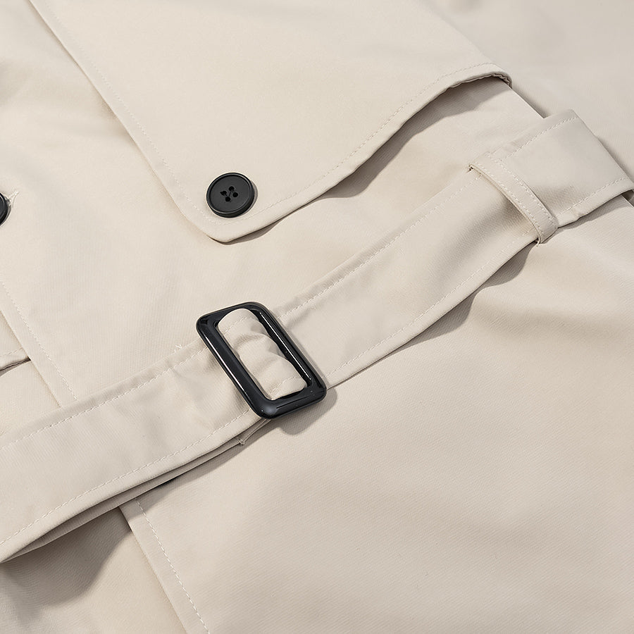 Cozy Belt Trench Coat in beige with black buttons and belt loops, Langry fashion ملابس