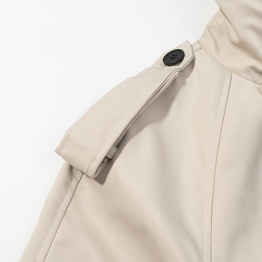 Langry Cozy Belt Trench Coat in beige with black buttons and collar detail