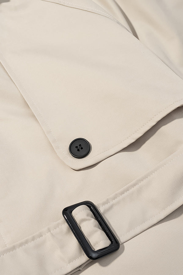 Cozy Belt Trench Coat in cream with black buttons and belt loops, Langry fashion ملابس