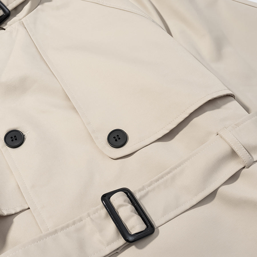 Cozy Belt Trench Coat in cream with black buttons and belt loops, Langry fashion ملابس