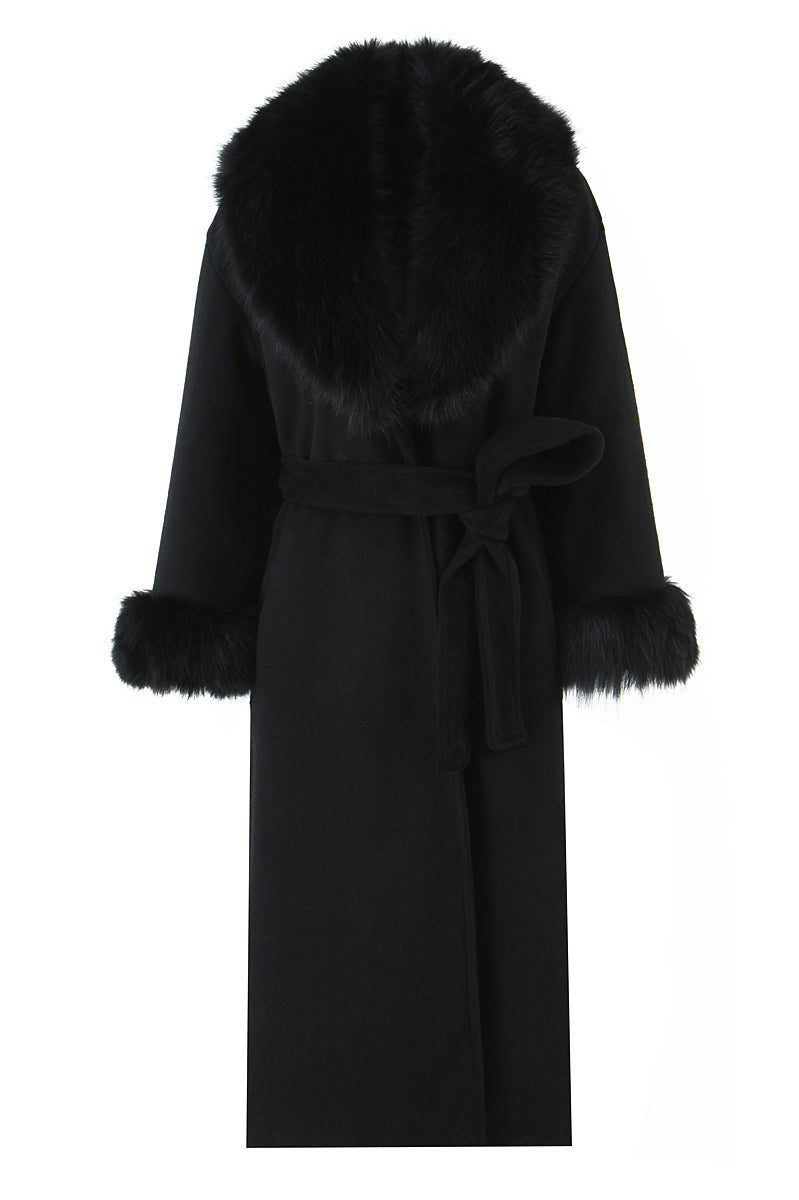 Langry fashion big fur collar belt woolen coat with black fur trim