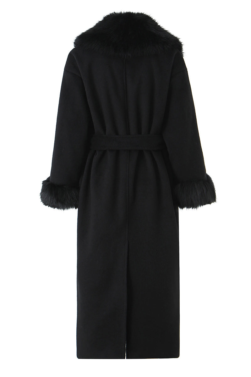 Langry fashion black fur-trimmed woolen coat with belt and lapels