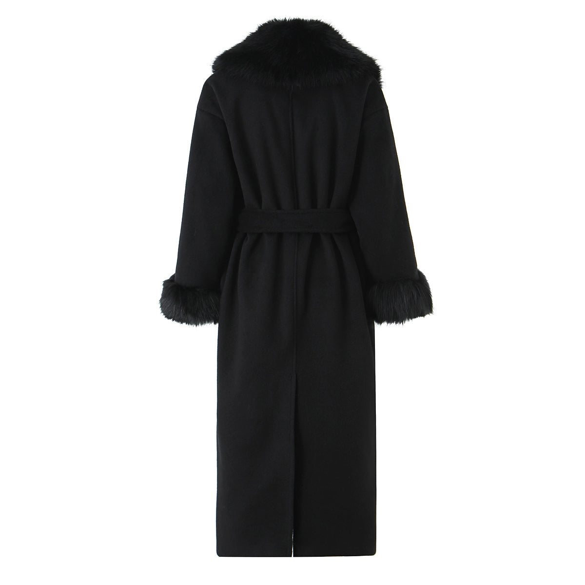 Langry fashion black fur-trimmed woolen coat with belt and lapels