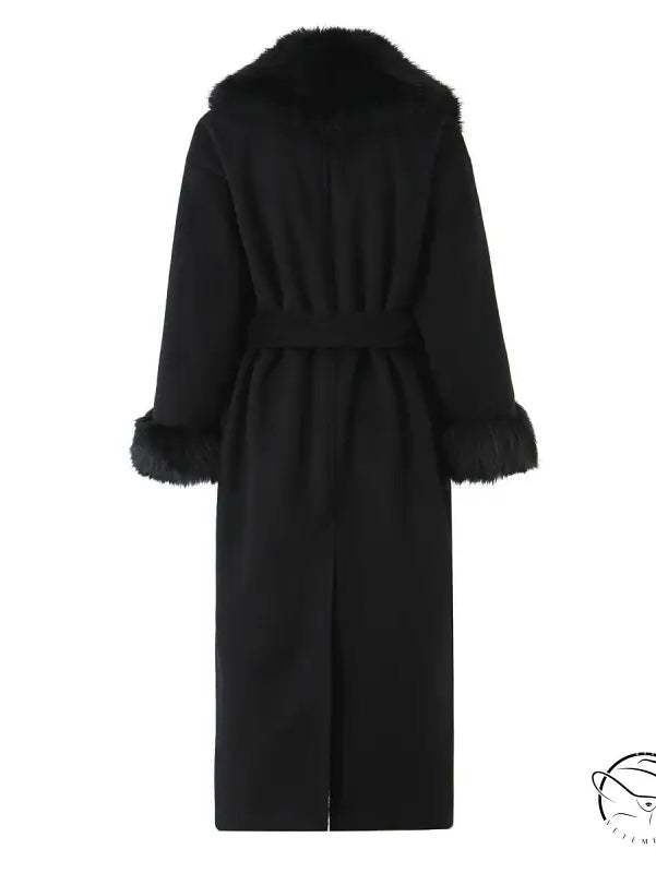 Langry fashion big fur collar belt woolen coat with black fur trim