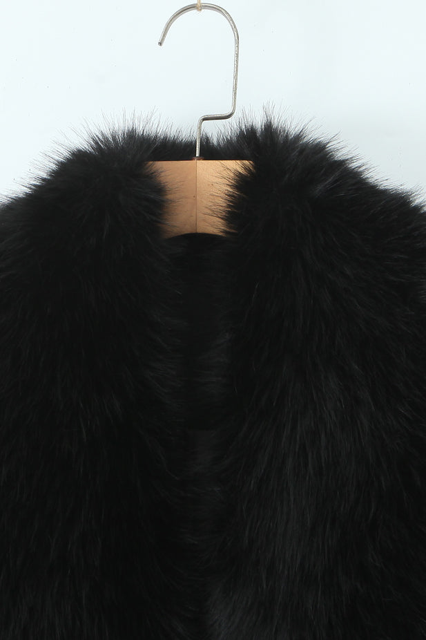 Langry black fur collar belt woolen coat with luxurious fashion texture