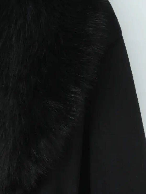 Langry fashion big fur collar belt woolen coat in black fur