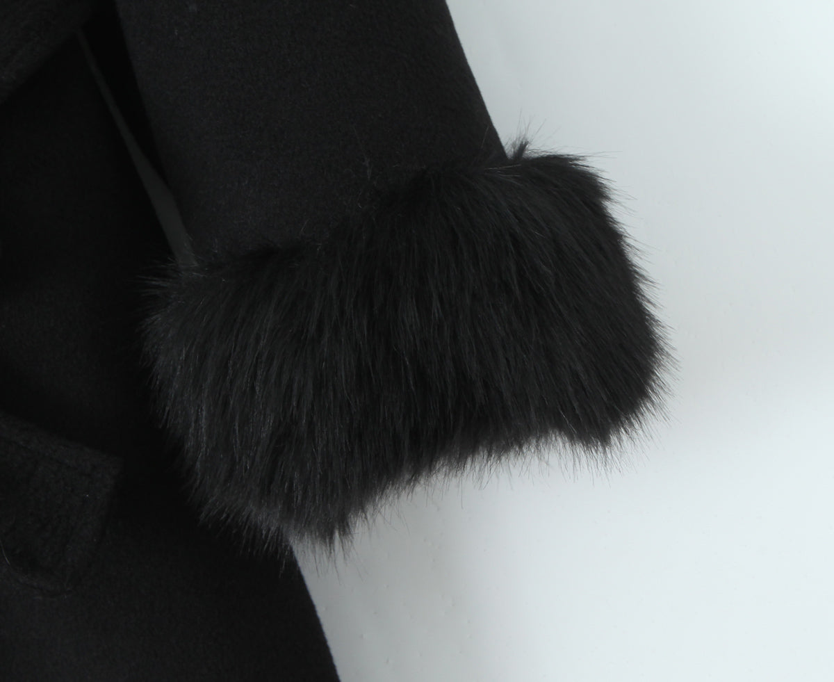 Langry Big Fur Collar Belt Woolen Coat in black fur-trimmed fashion design