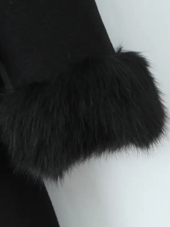 Langry fashion black fur-trimmed woolen coat with belt
