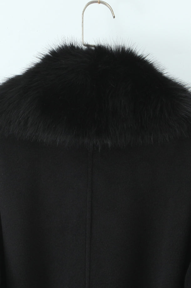 Langry fashion black fur-trimmed woolen coat with hood on hanger
