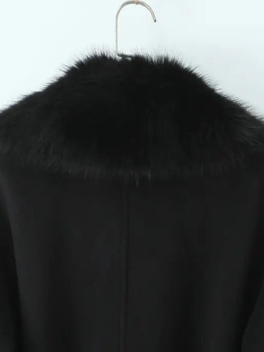 Langry fashion big fur collar belt woolen coat with black fur-trimmed hood on hanger