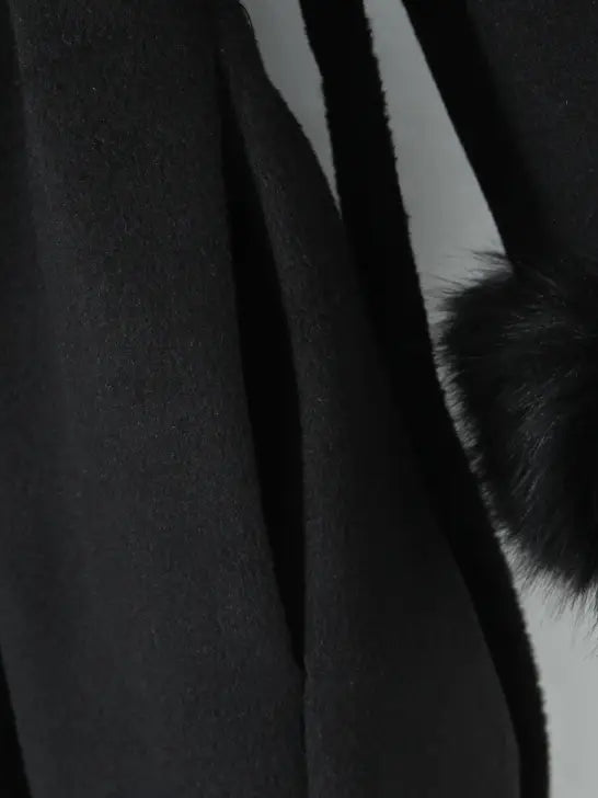 Langry fashion big fur collar belt woolen coat with black fur trim