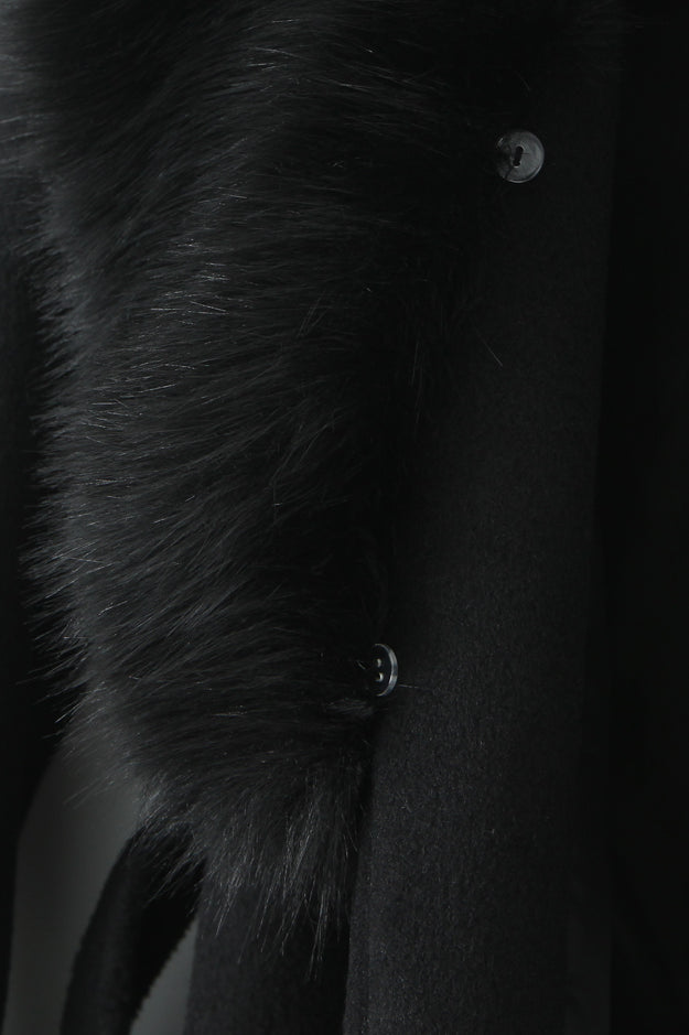 Langry fashion black fur coat with big woolen collar and leather accents