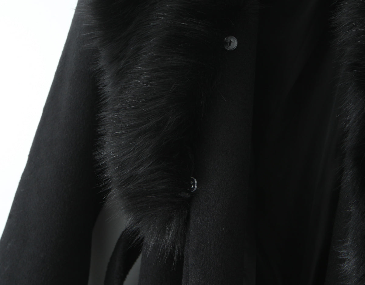 Langry fashion black fur coat with big woolen collar and leather accents