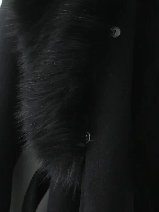 Langry fashion big fur collar belt woolen coat with black fur and leather accents