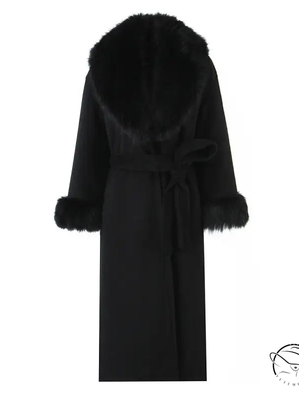 Langry fashion big fur collar belt woolen coat with black fur trim