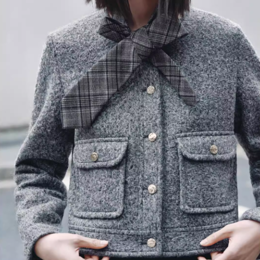 Gray langry fashion woolen coat with tweed jacket, plaid bow tie, button closure