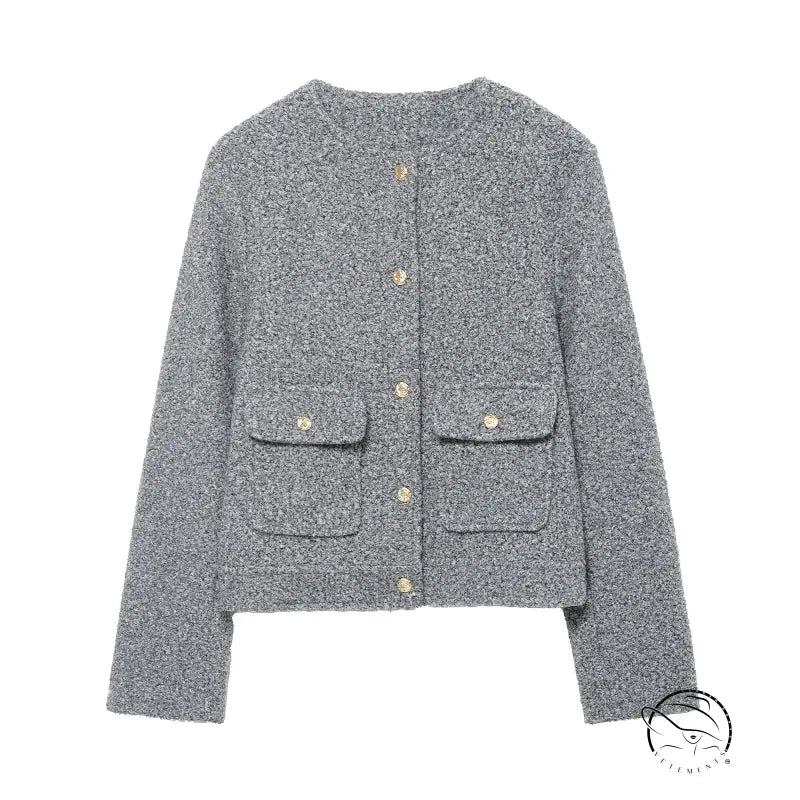 Gray tweed cropped jacket in Langry fashion woolen coat style