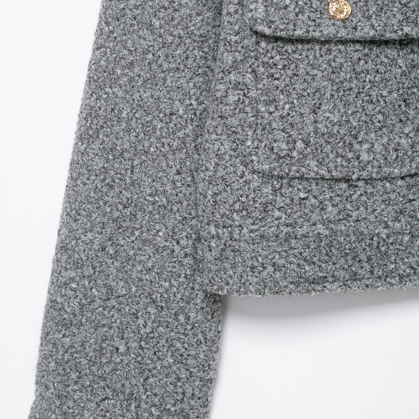 Gray langry woolen jacket with gold buttons, pocket detail, autumn winter fashion coat