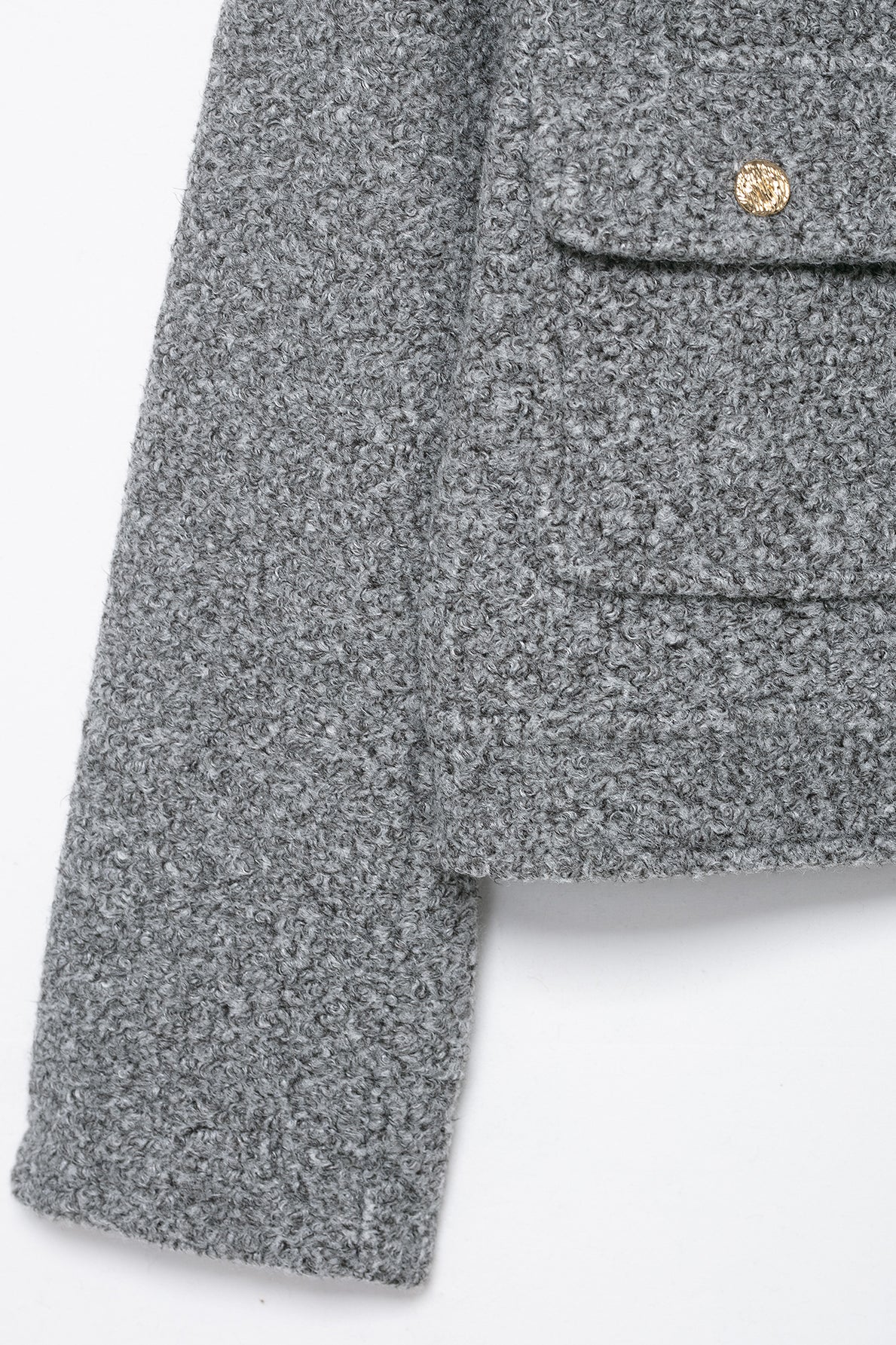 Gray langry woolen jacket with gold buttons, pocket detail, autumn winter fashion coat