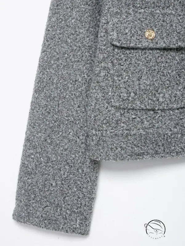 Gray woolen jacket with gold buttons, pocket detail, langry fashion coat