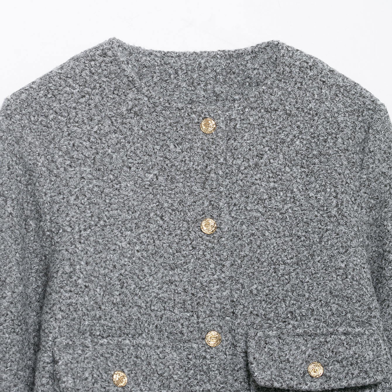 Gray tweed cardigan with gold buttons in Langry fashion woolen coat
