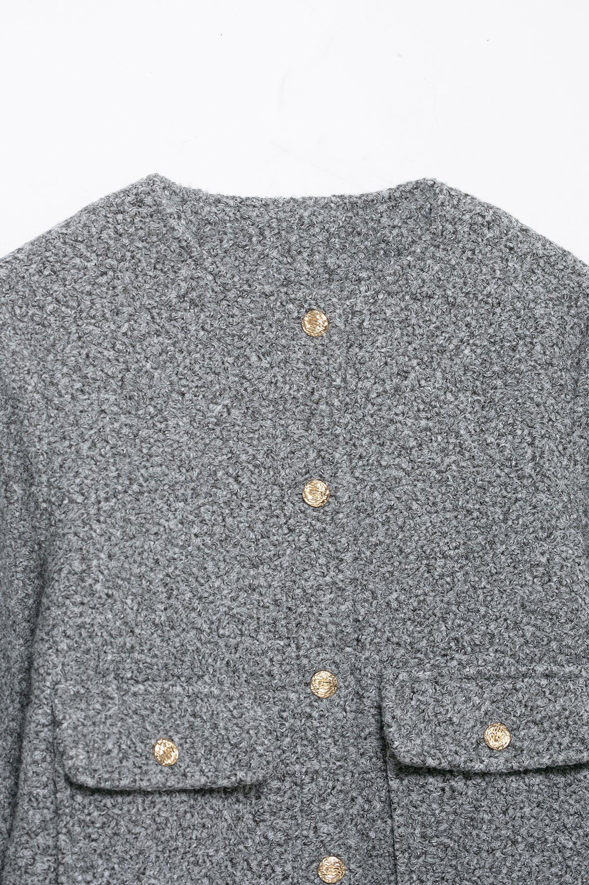 Gray tweed cardigan with gold buttons in Langry fashion woolen coat