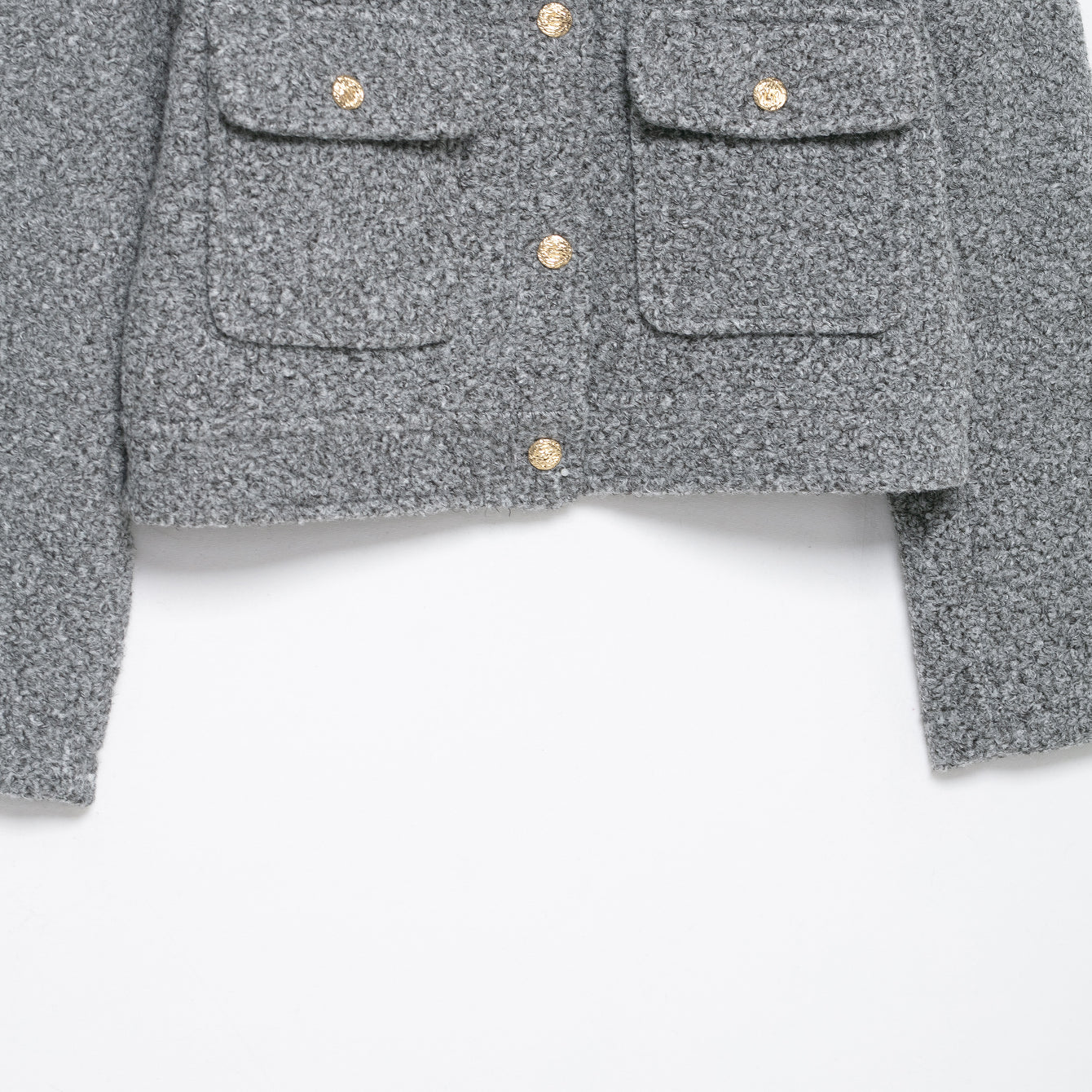 Gray tweed woolen coat with gold buttons for autumn winter fashion