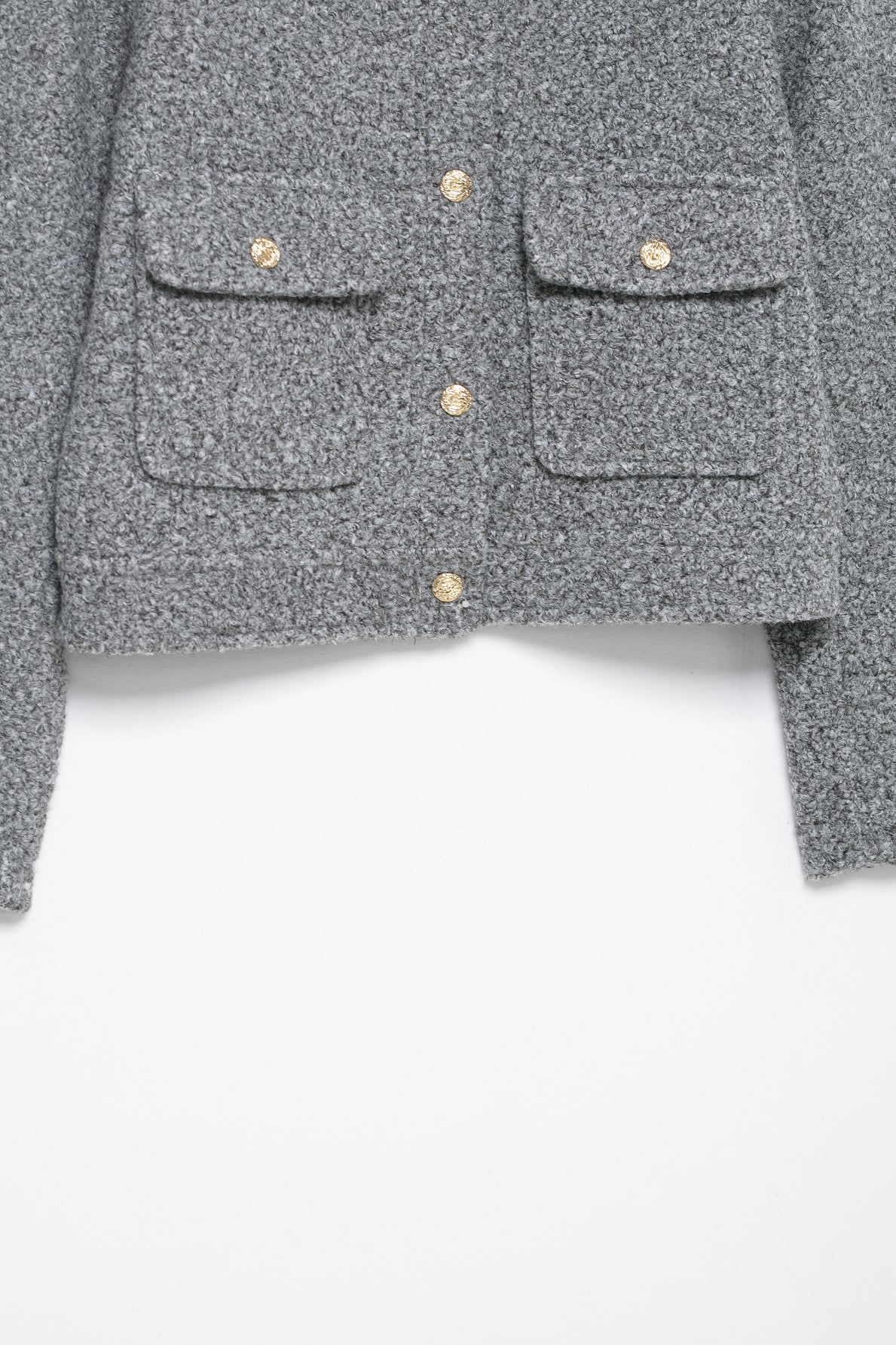 Gray tweed woolen coat with gold buttons for autumn winter fashion