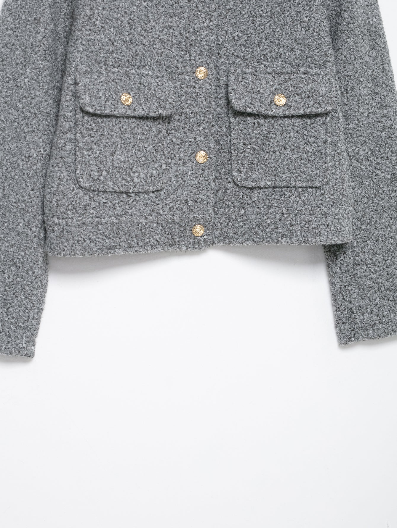 Gray tweed woolen coat with gold buttons for autumn winter fashion