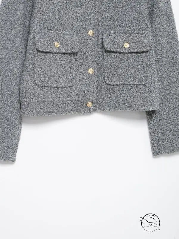 Gray tweed woolen jacket with gold buttons for autumn winter fashion