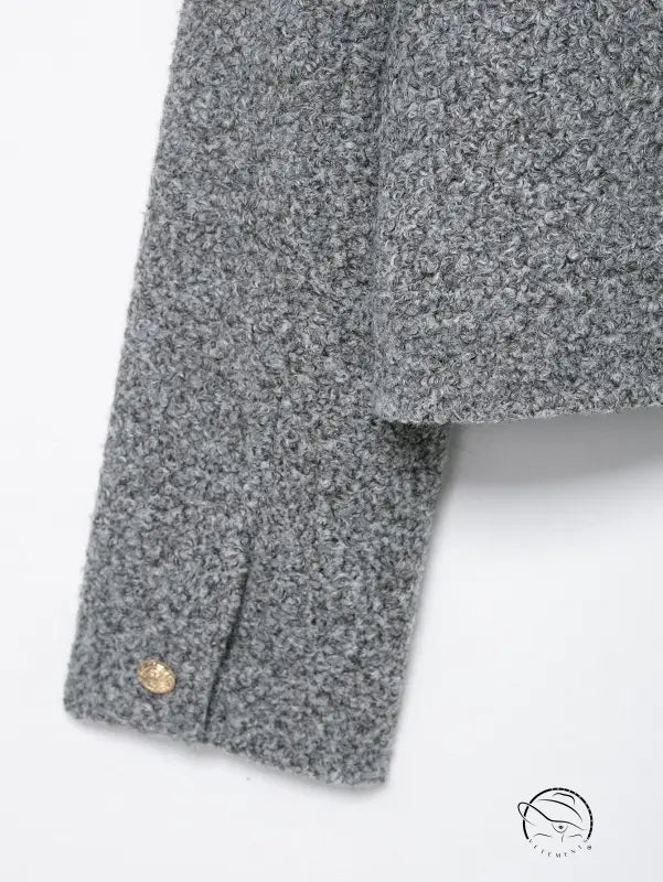 Gray woolen langry fashion coat with gold buttons and textured pattern