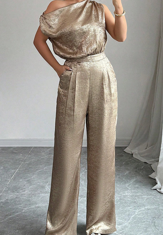 Langry golden high waist casual jumpsuit with one-shoulder fashion design