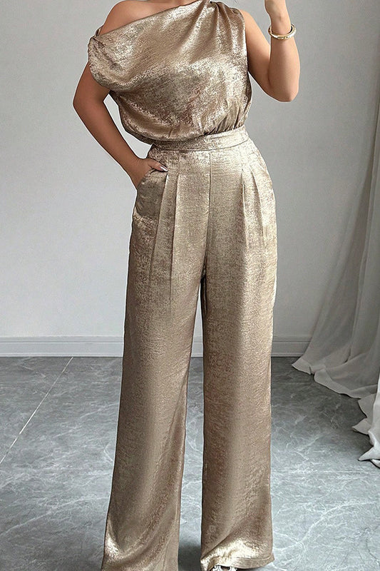 Langry golden high waist casual jumpsuit with one-shoulder fashion design