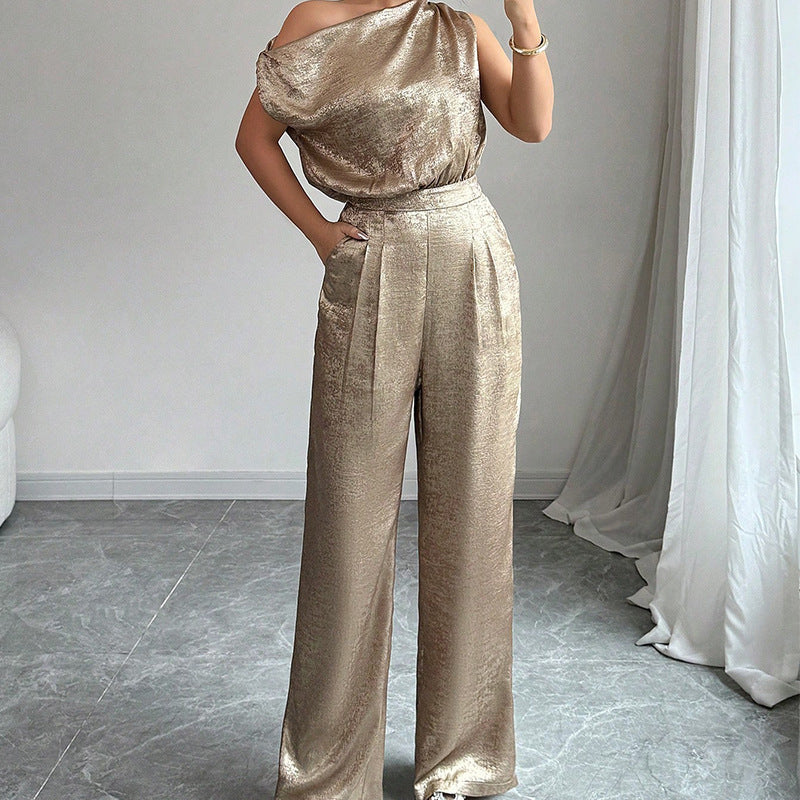 Langry golden high waist casual jumpsuit with one-shoulder fashion design
