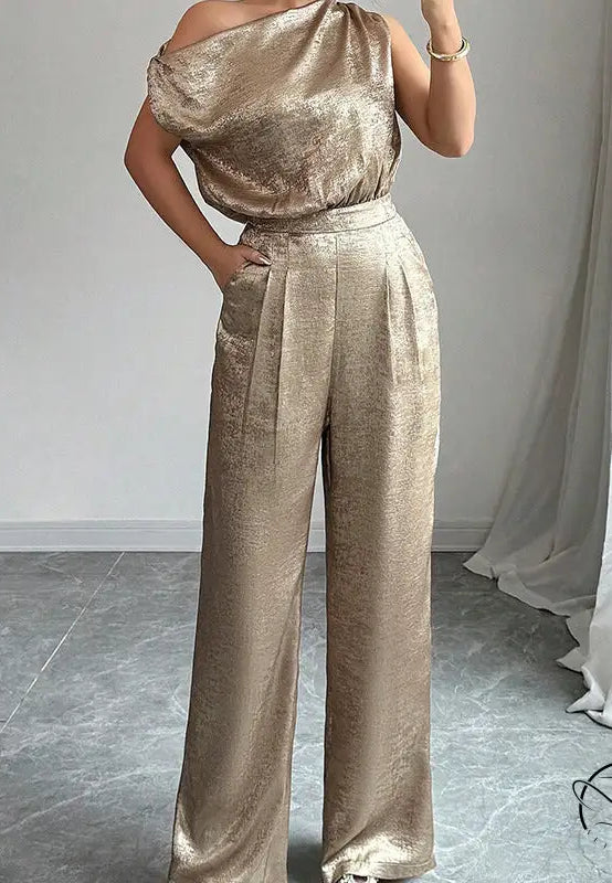 Golden high waist langry fashion jumpsuit with one-shoulder design