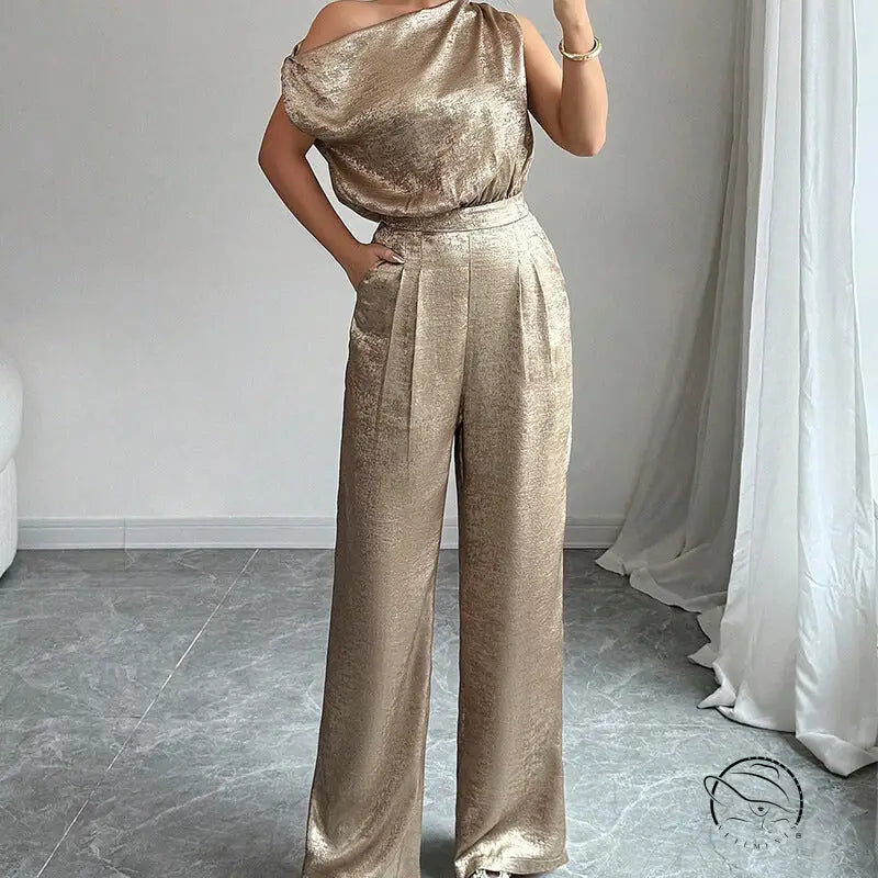 Golden high waist langry fashion jumpsuit with one-shoulder design