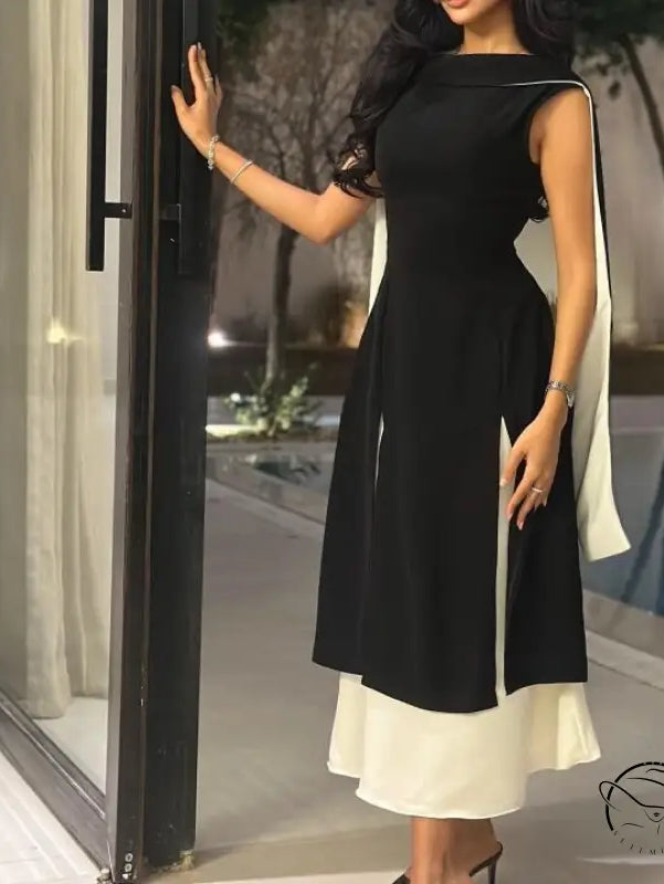 Multicolor sleeveless slim elegance retro dress in black and white, langry fashion ملابس