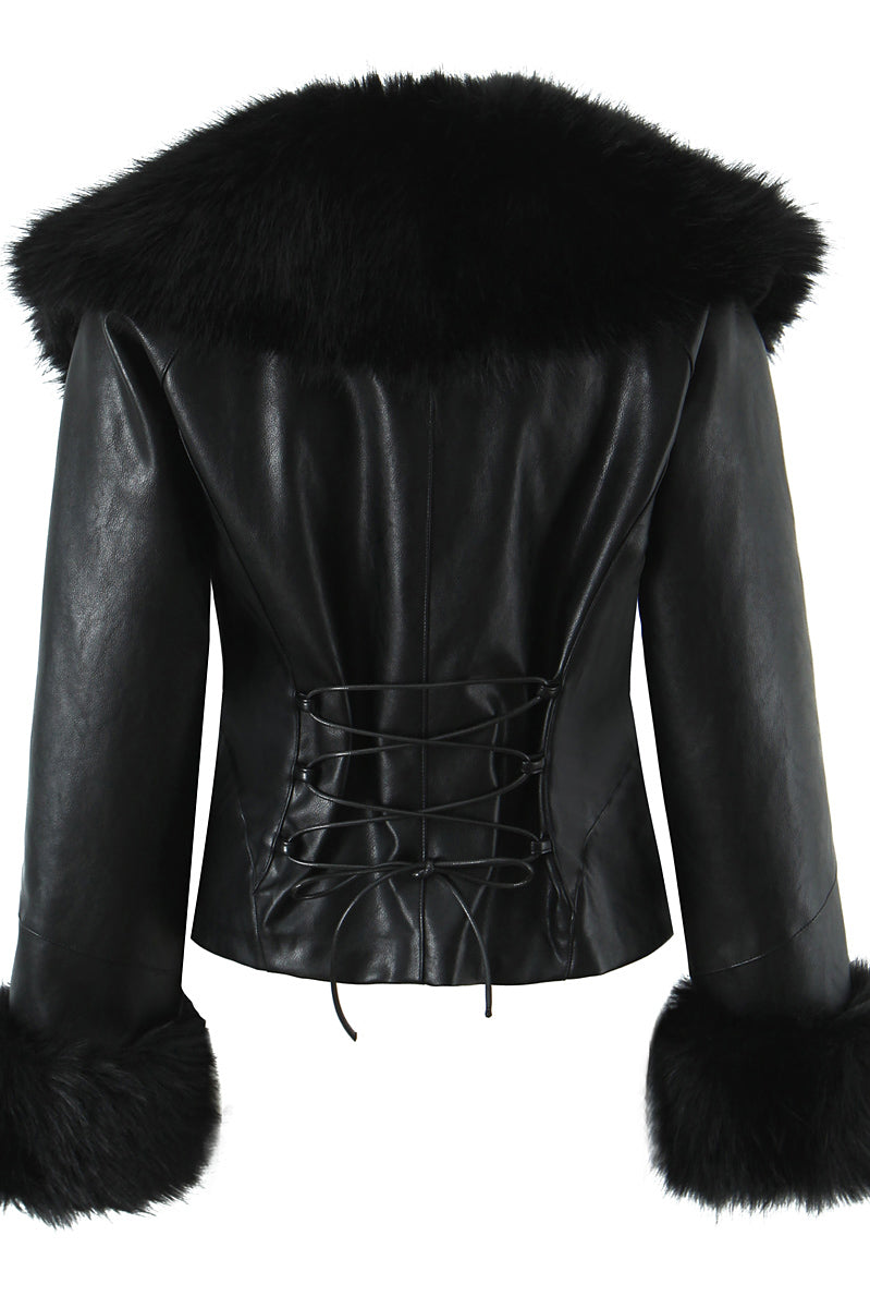 Langry fashion black faux fur trim leather jacket with lace-up back