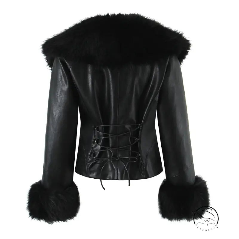 Langry fashion black faux fur trim leather jacket with lace-up back