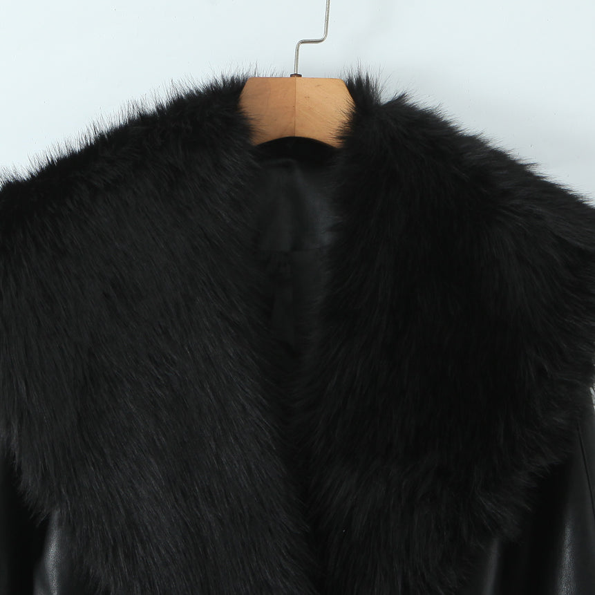 Langry black leather fur-trimmed winter jacket on wooden hanger