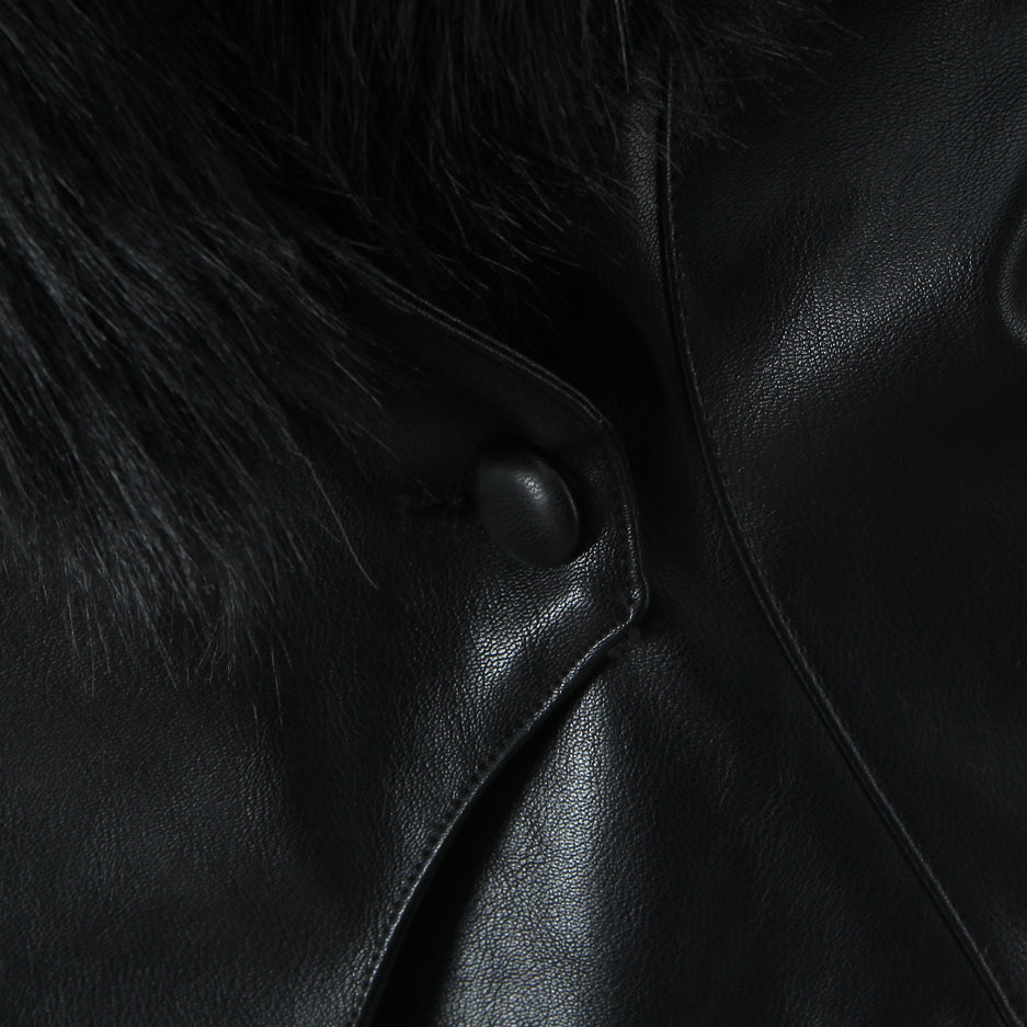 Langry fashion black leather winter jacket with fur collar and buttons