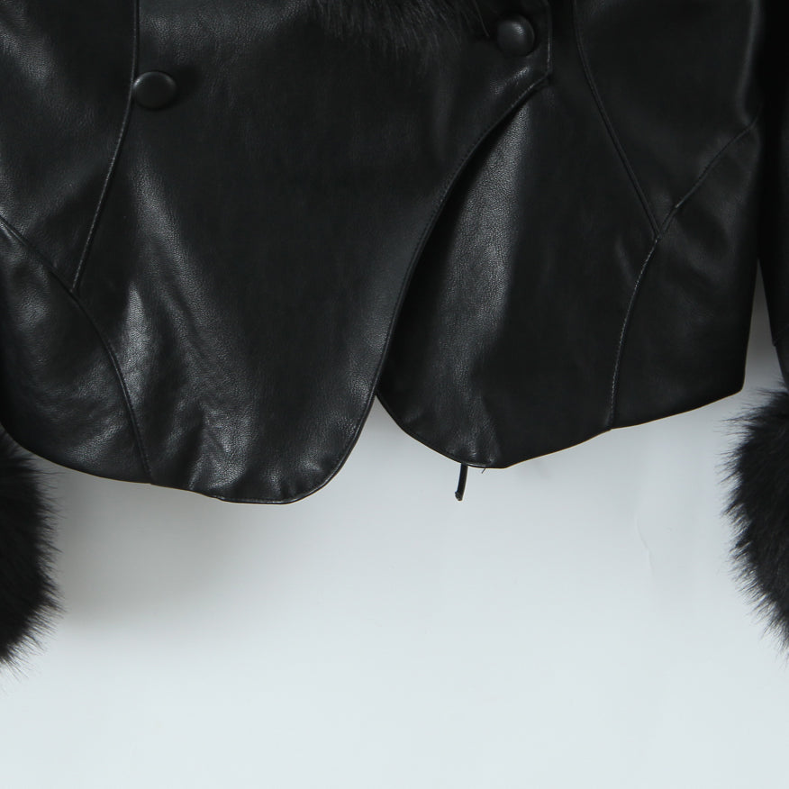 Langry fashion black leather fur-trimmed jacket with shiny zipper